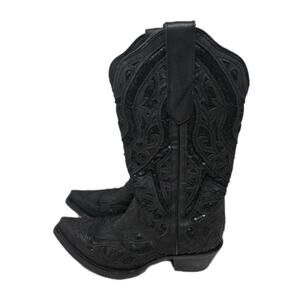 JB Dillon Reserve Womens Cowgirl Leather Boot Black Sequin Poppy Sz 7.5B